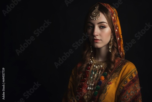 portrait of an attractive young woman in traditional garb posing against a dark background