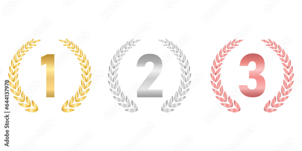 Set of Award First, Second and Third Places. Gold, Silver and Bronze Laurel Wreath for Trophy Cup. Champion and Winning Concept. Vector Illustration. Set of Award First, Second and Third Places. Gold, Silver and Bronze Laurel Wreath for Trophy Cup. Champion and Winning Concept. Vector Illustration.