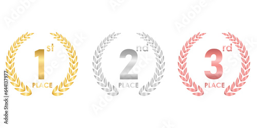 Set of Award First, Second and Third Places. Gold, Silver and Bronze Laurel Wreath for Trophy Cup. Champion and Winning Concept. Vector Illustration.