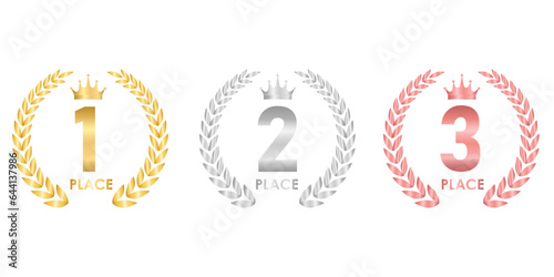 Set of Award First, Second and Third Places. Gold, Silver and Bronze Laurel Wreath for Trophy Cup. Champion and Winning Concept. Vector Illustration.