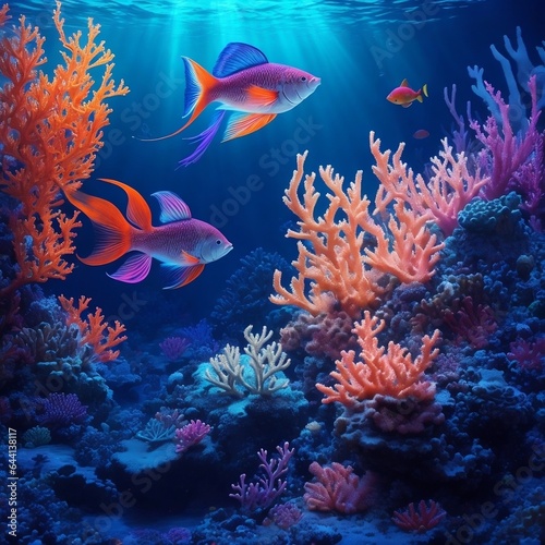Environment with beautiful seabed, coral reefs, ornamental fishes