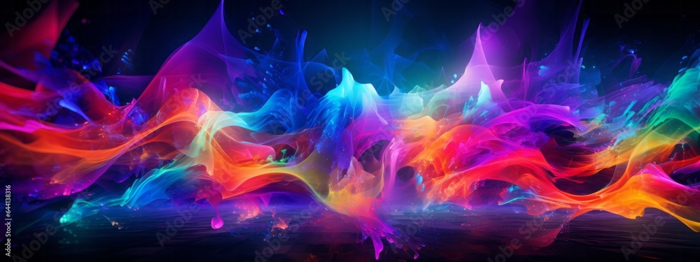 Abstract Fantastic wallpaper in futuristic style with a gold, pink, blue, luminous neon fluid wave, with highlights, and a techno sound and form. 