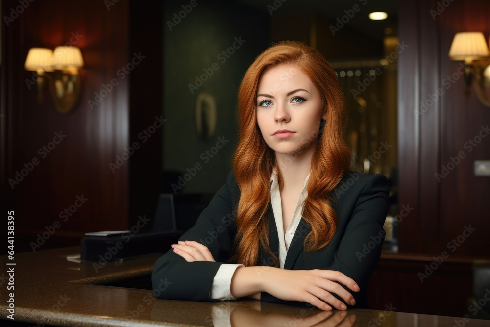 portrait of a young receptionist sitting with her arms crossed at the front desk portrait of a young receptionist sitting with her arms crossed at the front desk