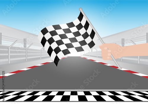 Checkered Flag in Hand Waving in Sport racing track Stadium. Racing Track with Start or Finish line. Go-kart track. Race track road. Vector Illustration.