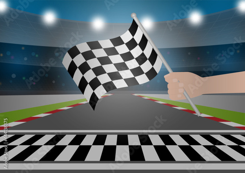 Checkered Flag in Hand Waving in Sport racing track Stadium. Racing Track with Start or Finish line. Go-kart track. Race track road. Vector Illustration.
