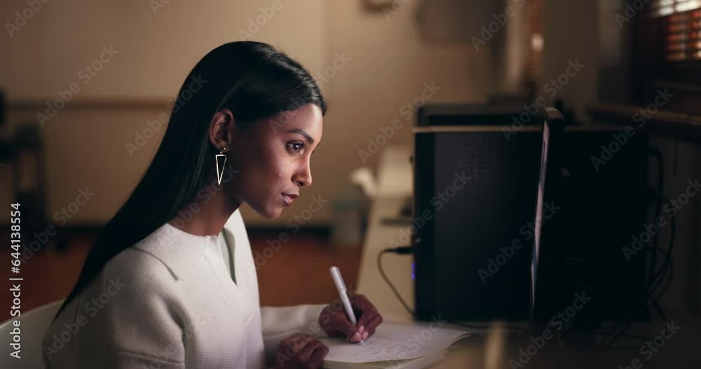 Woman, student and writing notes on computer for studying, e learning and planning goals, ideas and education. Young person with notebook and desktop pc on university campus or online course at night