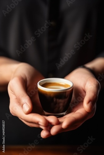 closeup, coffee and barista with hands for espresso cup, cappuccino or fresh brew at shop