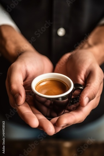 closeup  coffee and barista with hands for espresso cup  cappuccino or fresh brew at shop
