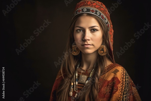 portrait of an attractive young woman wearing traditional native american garb