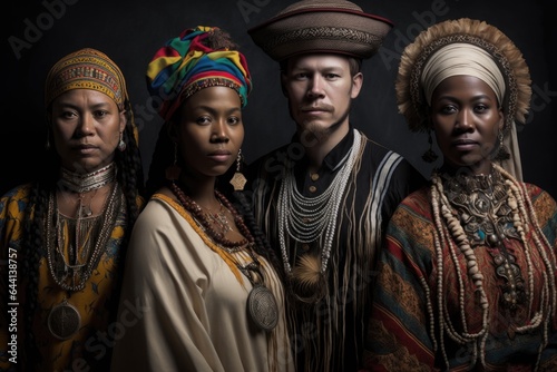 portrait of a group of indigenous peoples wearing traditional clothing