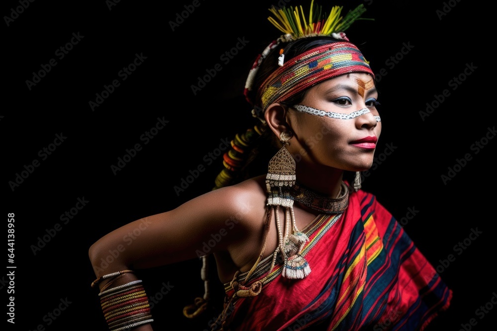 portrait of an indigenous woman performing a traditional dance in her tribal costume