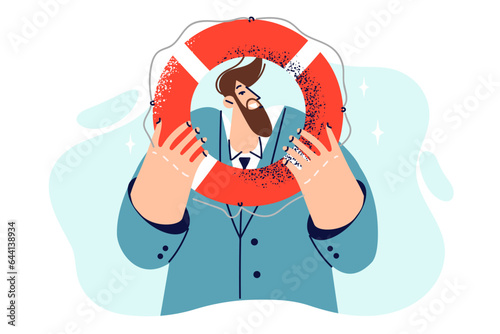 Business man with lifebuoy offers to provide assistance and crisis management services