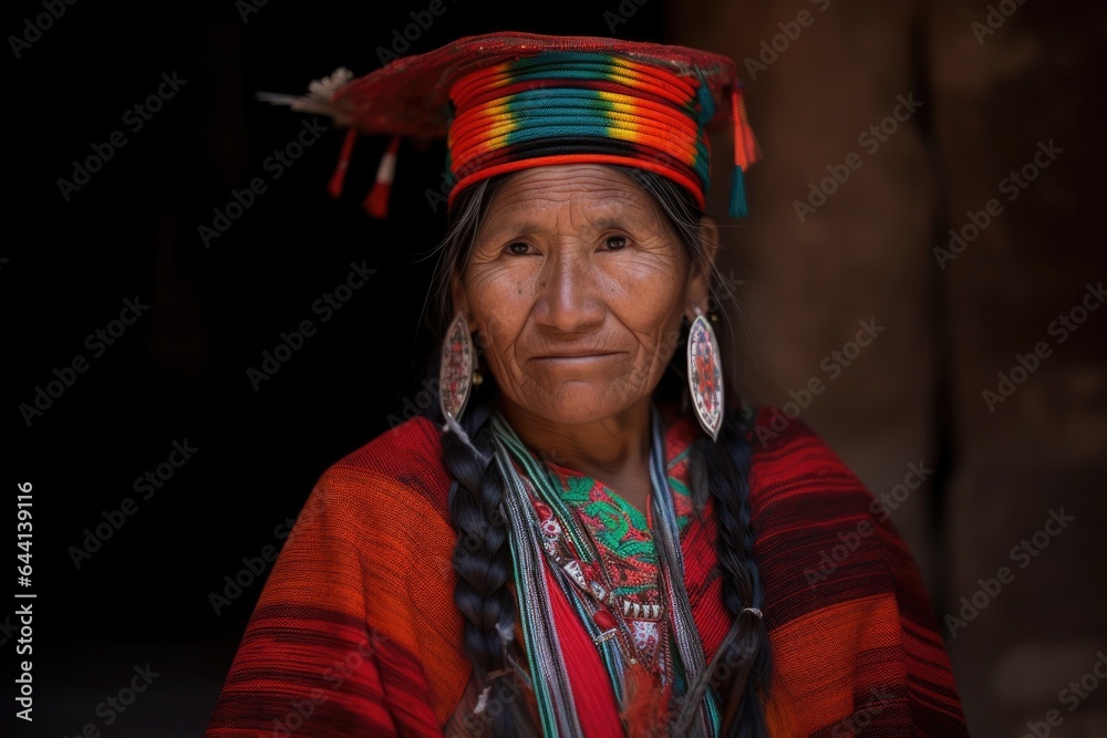shot of an indigenous woman wearing traditional dress and a headdress