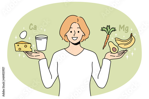 Smiling young woman holding calcium and magnesium products in hands. Happy female follow healthy lifestyle. Diet and nutrition. Vector illustration.