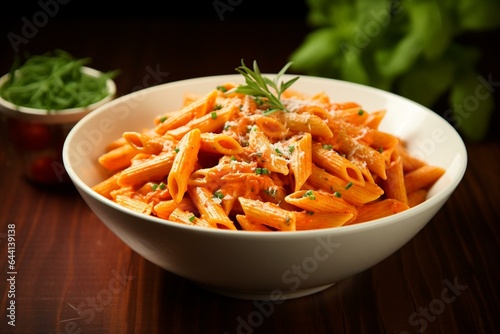 Delicious penne pasta in a creamy tomato vodka sauce infused with garlic and onion. Generative AI