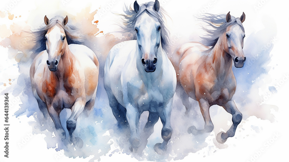 Fototapeta premium running horses watercolor on a white background dynamics composition art.