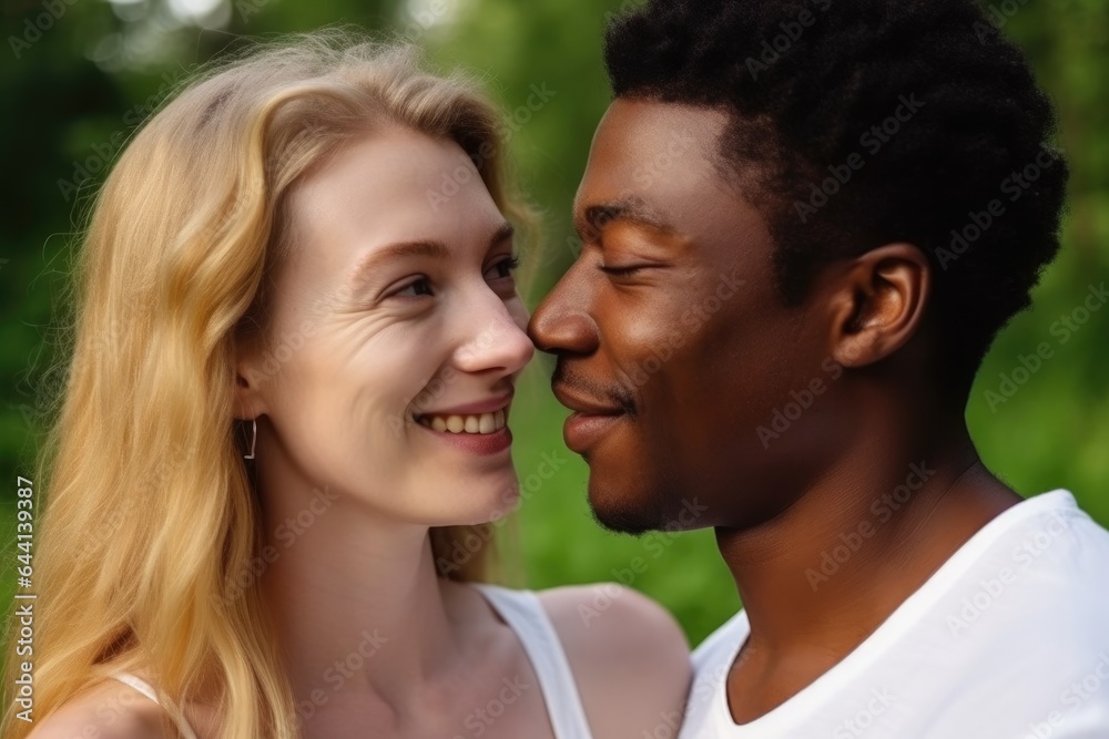 happy, love and couple with an interracial couple in nature on a date or holiday together happy, love and couple with an interracial couple in nature on a date or holiday together