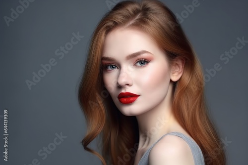 portrait, face and woman with lipstick in studio on gray background for cosmetics, makeup or skincare