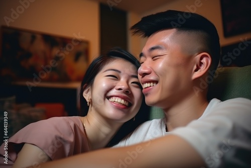 love, happy and portrait of couple on sofa for bonding in home living room together
