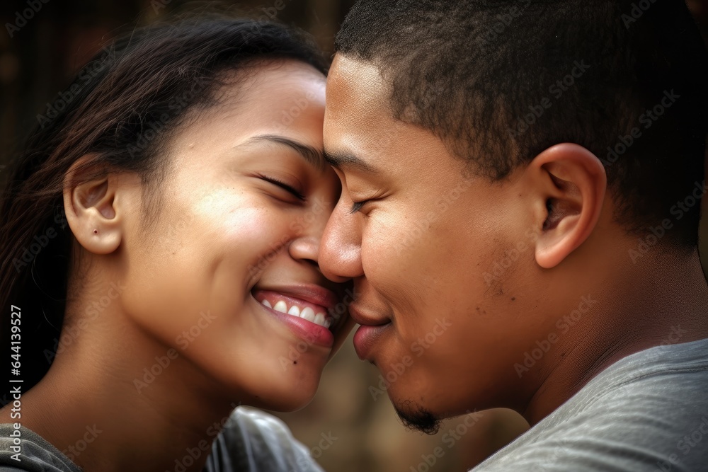 love, kiss and couple with a smile in a embrace for romance, bonding or marriage love, kiss and couple with a smile in a embrace for romance, bonding or marriage