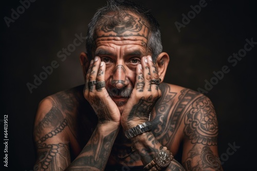 portrait of a proud indiginous man with his tattooed face and hands photo