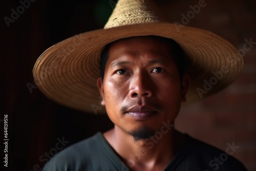 portrait of an ethnic man standing indoors with a traditional conical hat on