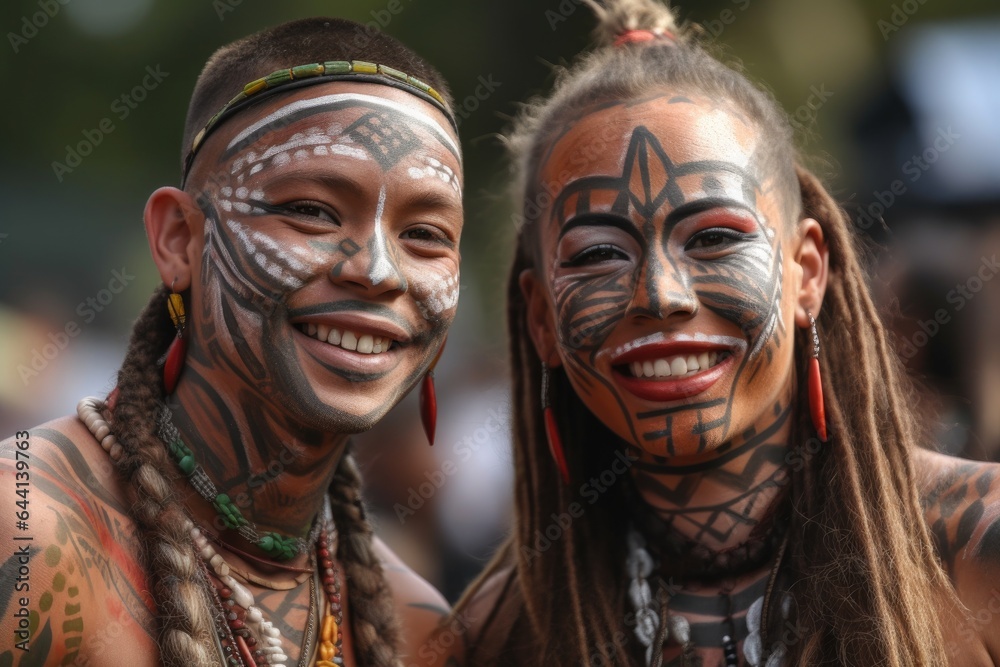 shot of two people wearing tribal face paint