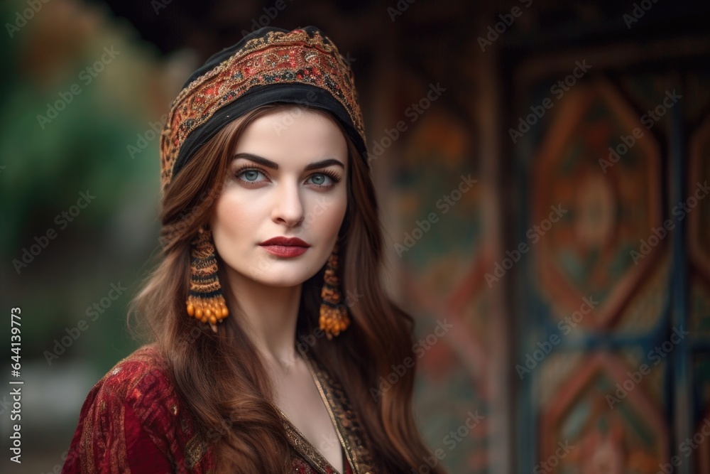 portrait of an attractive young woman standing outside wearing a traditional headpiece