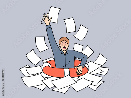 Business man with lifeline is drowning in paperwork, suffering from burnout-causing bureaucracy. Corporate manager guy needs help with digitalization and getting rid of bureaucracy.