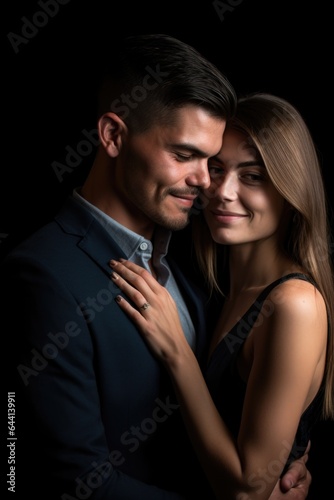 portrait, engagement and man with a model in the studio for their wedding proposal