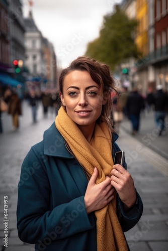 woman, portrait and hand on a phone in the city of dublin for travel holiday or experience in mexico