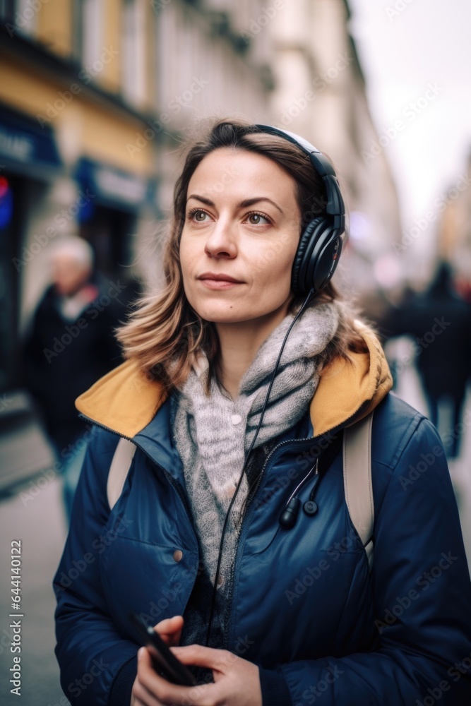 phone, woman and portrait with headset for communication in city street while listening to music phone, woman and portrait with headset for communication in city street while listening to music