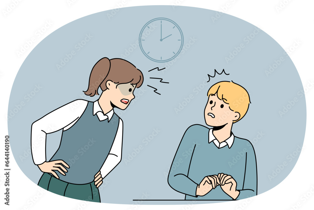 Girl child screaming yelling at classmate. Concept of bullying or harassment at school. Furious kid shout at mate at lesson. Vector illustration. Girl child screaming yelling at classmate. Concept of bullying or harassment at school. Furious kid shout at mate at lesson. Vector illustration.