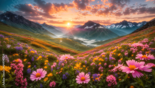 Covered in pink and blue small wildflowers beautiful Mountain valley © rolffimages