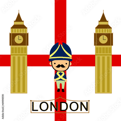 queen guard in the middle of big ben british flag background vector