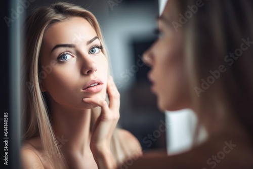 cropped shot of a young woman looking at her face in a bathroom mirror