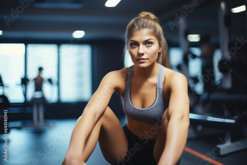 portrait of a young woman doing sit ups in gym