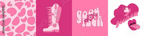 Trendy set of retro Cowboy fashion covers with Pink Cowgirl hat, boots, vintage disco ball, cow pattern, Good luck lettering text. Girly western and wild west theme. Hand drawn vector square poster.