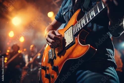 Foto Close up of a musician guitar playing a concert on a club stage