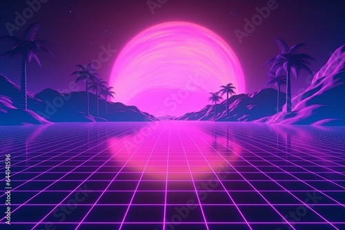 Retro landscape with purple grid background and neon lights. 3D illustration in 80s synthwave style. Generative AI