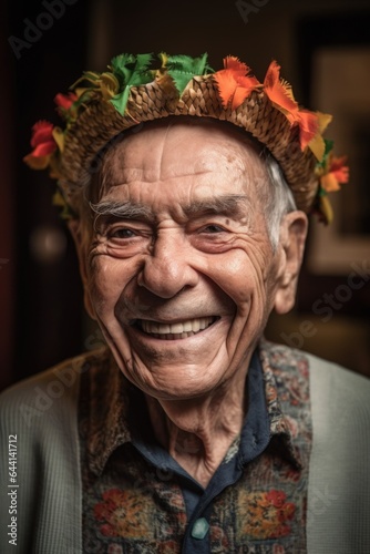 senior man smiling at you and wearing a creative hat