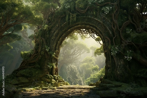 Enchanting forest scenery with old trees  misty ambiance  and an archway  depicted in a surreal and immersive 3D rendering. Generative AI