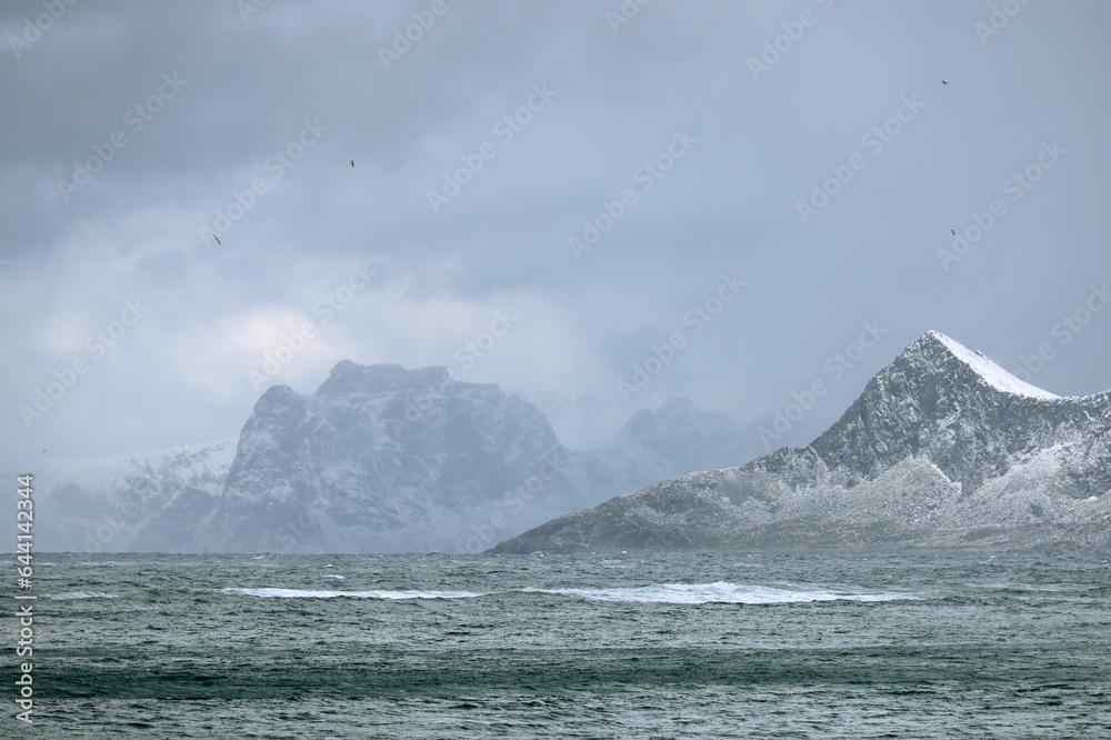 Winter stormy landscape of Skagsanden beach, Flakstad, Lofoten islands, Norway, Europe	
