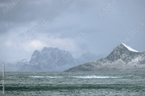 Winter stormy landscape of Skagsanden beach, Flakstad, Lofoten islands, Norway, Europe 