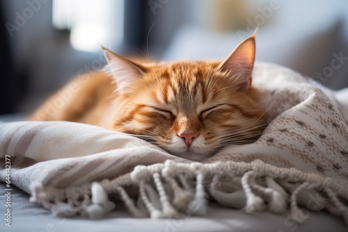 Cute domestic ginger cat sleeps calm and sweetly on a pillow in comfort © Маргарита Вайс