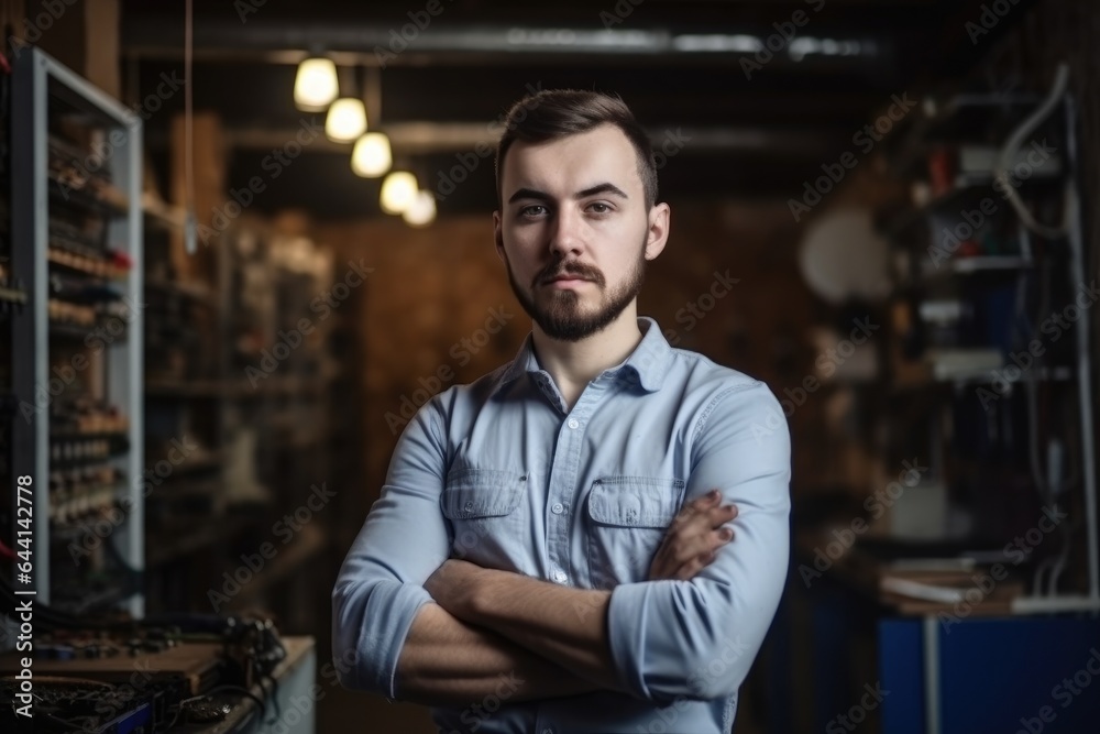 handsome electrician standing in a workshop with his arms folded handsome electrician standing in a workshop with his arms folded