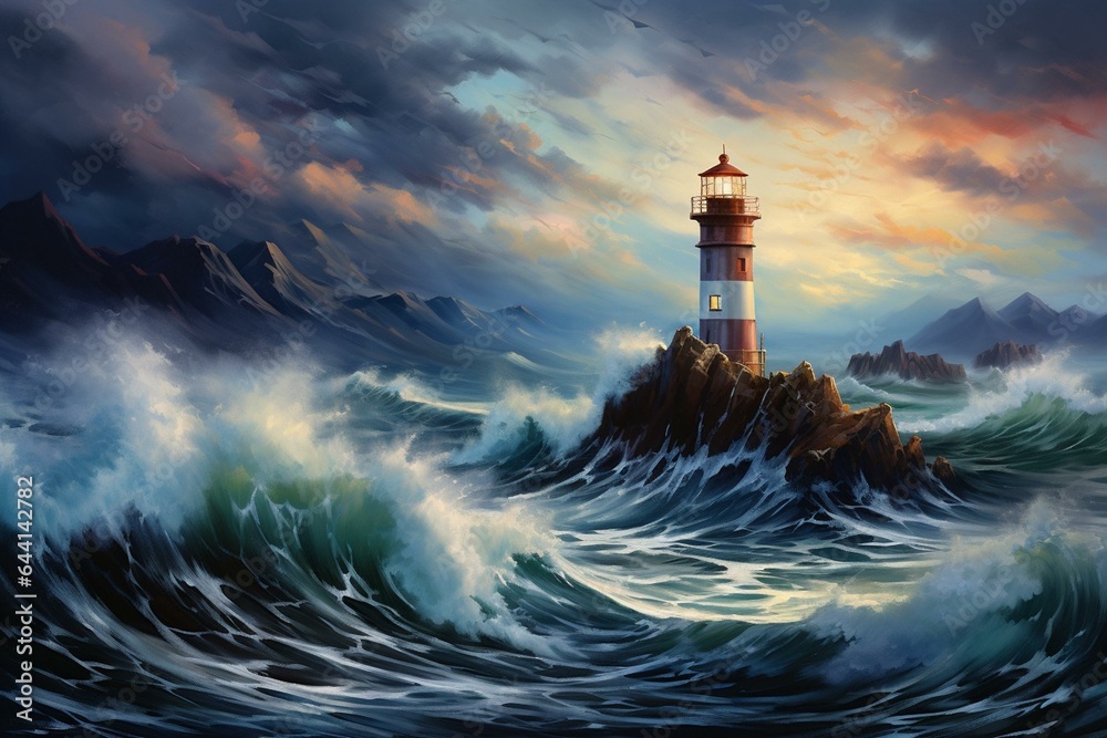 A painting of a vast sea with a midwater lighthouse, waves crashing on the shore, and a mountainous backdrop. Generative AI