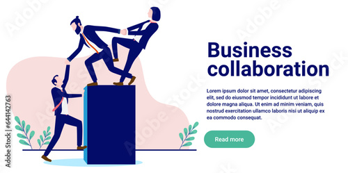 Business collaboration web banner - Vector illustration of teamwork businesspeople giving a helping hand and supporting one another. Flat design with copy space for text and white background