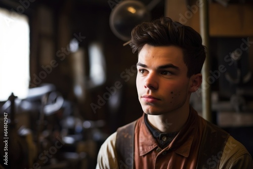 portrait of a young man in a workshop