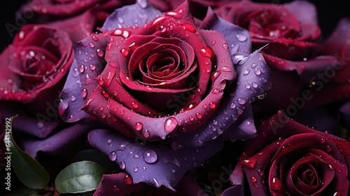 Beautiful bouquet of purple roses with water drops on petals. Mother's day concept with a space for a text. Valentine day concept with a copy space.